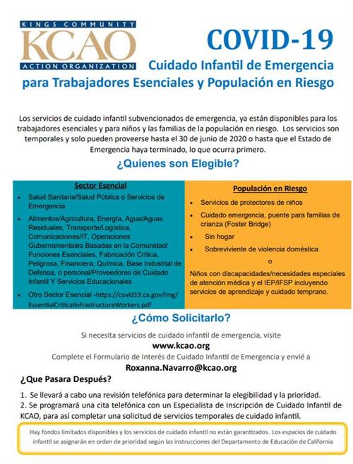 COVID-19 Emergency Child Care Flyer Spanish 